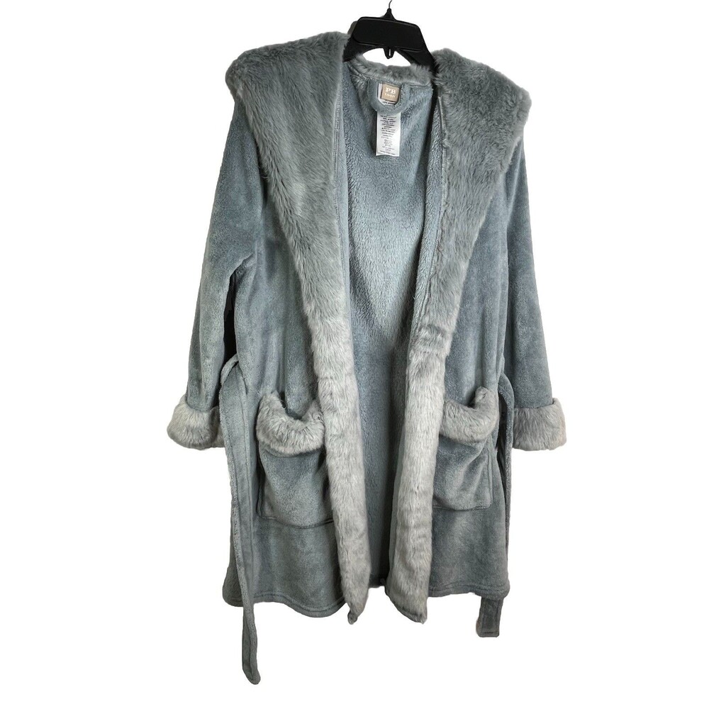 Pottery Barn Teen Hooded Fur Gray Robe - One Size Fits Most With Belt